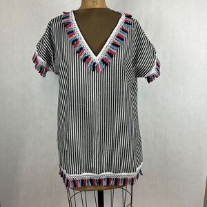 Southern Stitch Boho Tunic Shirt Top Tassel Fringe Stripe V-neck Size Large